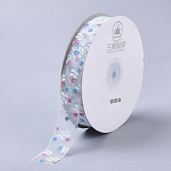 Azure Flower Pattern Printed Polyester Organza Ribbons, Azure, 1 inch(25mm), about 100yards/roll