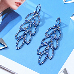 Синий Оттенок Латунь болтаться серьги, полый лист, со стразами, синий оттенок, 89x26 мм