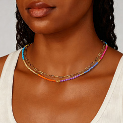 Золотой Двухслойные ожерелья для женщин из нержавеющей стали, латуни и разноцветных смоляных бусин., золотые, 16.54 дюйм (42 см)