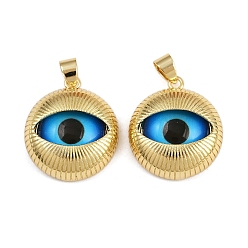Плоский Круглый Подвески из латунного стекла с темой глаз, реальный 18 k позолоченный, плоско-круглые, 24x21x6 мм, отверстие : 5x4 мм