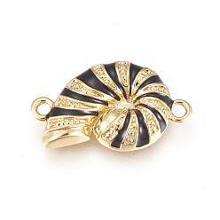 Настоящее золото 18K Соединители латунные эмалевые звенья, долговечный, без свинца, без кадмии и без никеля, форма спиральной оболочки, чёрные, реальный 18 k позолоченный, 19x11.5x2.5 мм, отверстие : 1.6 мм