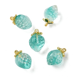 Темно-бирюзовый Прозрачные стеклянные подвески, клубника, с золотой эмали сплава выводов, два тона, темные бирюзовый, 18x12x10.5 мм, отверстие : 1.5 мм