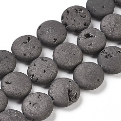 Coffee Plated Electroplated Natural Quartz Crystal Beads Strands, Druzy Geode Crystals, Flat Round, Coffee Plated, 11.5~12.5x5mm, Hole: 1.2mm, about 16pcs/strand, 7.59 inch(19.5cm)