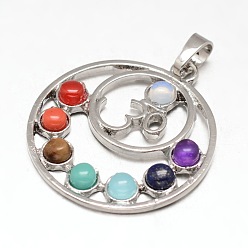 Платина Чакра ювелирные изделия латунь драгоценного камня плоские круглые подвески, без кадмия, без никеля и без свинца, платина, 35x32x4 мм, отверстие : 5x6 мм