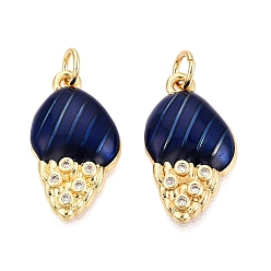 Прусский Синий Латунные микропаве прозрачные подвески с фианитом, подвески в форме ракушек, с эмалью, золотые, берлинская лазурь, 20.5x11~11.5x4 мм, отверстие : 3 мм, Перейти кольцо: 5x0.8 мм, внутренний диаметр: 3 мм