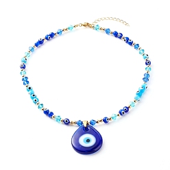 Blue Beaded Necklaces, with Evil Eye Lampwork Beads & Glass Beads, Brass Chain & Beads, 304 Stainless Steel Findings, Blue, 16.14 inch(41cm)