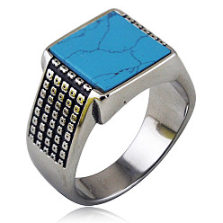 Синтетическая Бирюза 304 нержавеющая сталь с синтетическими бирюзовыми кольцами, квадратный, античное серебро, размер США 10 (19.8 мм)