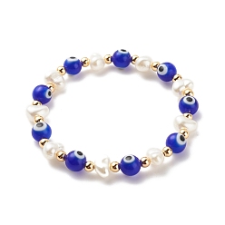 Blue Lampwork Evil Eye & Plastic Pearl & Brass Stretch Bracelet for Women, Blue, Inner Diameter: 2-1/8 inch(5.5cm)
