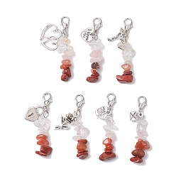 Сердце Подвеска из натурального розового кварца и красной яшмы, Подвески из сплава и застежки-лобстеры для украшений сумок, сердце, 46~51 мм, Кулон : 10~21x10~19x1~2.5 мм, 7 шт / комплект