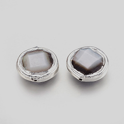 Platinum Black Lip Shell Beads, Edge Plated, Faceted, Flat Round, Platinum, 14~14.5x4.5~5mm, Hole: 0.8mm