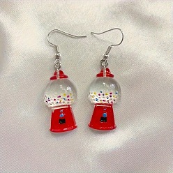 Red Resin Gumball Machine & Alloy Hook Dangle Earrings for Women, Platinum, Red, 40x16mm
