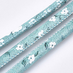 Medium Turquoise Printed PU Leather Cords, Flower Pattern, Medium Turquoise, 5~6mm, about 5.46 yards(5m)/roll
