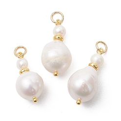 Настоящее золото 18K Подвески из натурального барочного жемчуга кеши, круглые подвески из бусин с 304 соединительными кольцами из нержавеющей стали, белые, реальный 18 k позолоченный, 21~24.5x10.5~11.5 мм, отверстие : 3 мм