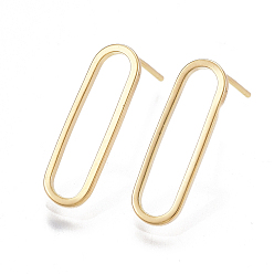 Real 18K Gold Plated Brass Stud Earrings, Nickel Free, Real 18K Gold Plated, Oval, 20x6mm, Pin: 0.8mm