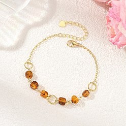 Golden Brass Natural Amber Nuggets Beaded Chain Bracelets for Women, Golden, 7.40 inch(18.8cm)