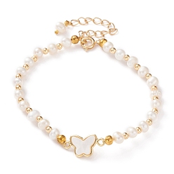 Golden Natural White Shell Butterfly Link Bracelets, with Natural Pearl Beads, Brass Beads and Spring Ring Clasps, Seashell Color, Golden, 7-5/8 inch(19.5cm)