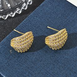 Настоящее золото 18K Серьги-гвоздики С-образной формы из латуни с прозрачными кубическими циркониями, Женские серьги-полуобнимашки, реальный 18 k позолоченный, 17x12.5 мм