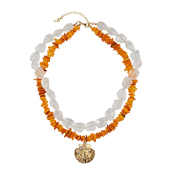 Оранжевый Окрашенные натуральные пресноводные ракушки и прозрачные стеклянные самородки, бисерные латунные подвески в форме ракушек, двухслойные ожерелья, золотые, оранжевые, 16.93 дюйм (43 см)