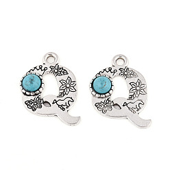 Letter Q Подвески из синтетической бирюзы и сплавов, письмо амулеты, античное серебро, Буква Q, 27x18.5x4.5 мм, отверстие : 3 мм