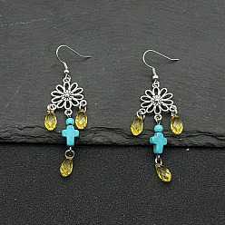 Цветок Серьги-подвески из сплава в этническом стиле с кисточками, цветок, серебряные