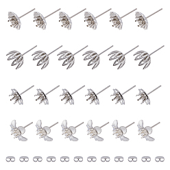 Нержавеющая Сталь Цвет 40шт. 4 стиль цветок 201 и 304 фурнитура для сережек-гвоздиков из нержавеющей стали, серьги с зубцами с 40шт 304 ушными гайками из нержавеющей стали, цвет нержавеющей стали, 10~15x0.5~1 мм, лоток : 4 мм, штифты : 0.7~0.8 мм, 10 шт / стиль