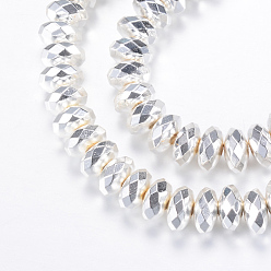 Silbern Plattiert Versilbert Galvanisieren unmagnetische synthetischen Hämatit Perlenstränge, Rondell, facettiert, Silbern Plattiert Versilbert, 5.5~6x3 mm, Bohrung: 1~1.5 mm, ca. 130 Stk. / Strang, 15.7 Zoll