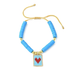 Сердце Прямоугольный браслет-подвеска Miyuki со стеклянным семенем, регулируемый браслет Heishi Surfer из полимерной глины в стиле преппи, сердце, внутренний диаметр: 2-1/8~4 дюйм (5.5~10 см), Кулон : 27x16 мм