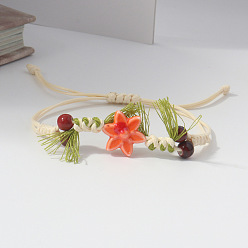 Dark Orange Adjustable Handmade Porcelain Flower Polyester Cord Braided Bead Bracelets for Women, Dark Orange, 2.36~9.84 inch(6~25cm)