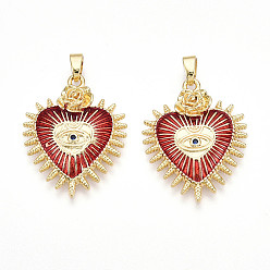 (123L) Белый крем непрозрачный блеск Латунные микро проложить кубического циркония подвески, без кадмия и без свинца, с эмалью, сердце с оберегами от сглаза, реальный 18 k позолоченный, огнеупорный кирпич, 25.5x20.5x4 мм, отверстие : 4.5x2.5 мм