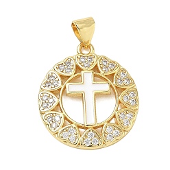 White Religion Cross Brass Micro Pave Clear Cubic Zirconia Pendants, Flat Round Charms with Enamel, Lead Free & Cadmium Free, Long-Lasting Plated, Rack Plating, Real 18K Gold Plated, White, 22x20x2.5mm, Hole: 5x3.5mm
