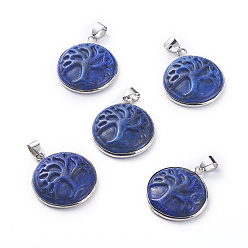 Ляпис-Лазурь Природный лазурит подвески, с настройками кулона из латуни платинового тона, плоские круглые с деревом, 28~29x24~25x6~7 мм, отверстие : 6x4 мм