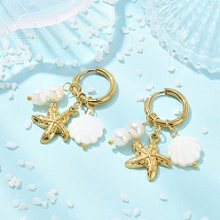 Golden Natural White Shell and 304 Stainless Steel Dangle Earrings, Starfish, with 202 Stainless Steel Huggie Hoop & Brass Finding, Golden, 38x16mm