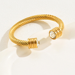 Real 18K Gold Plated 201 Stainless Steel Thick Cuff Bangles, with Rhinestone, for Women, Real 18K Gold Plated, Inner Diameter: 2-3/8 inch(6cm)