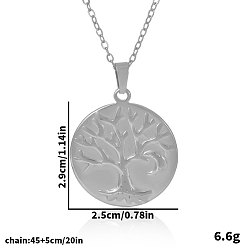 Серебро 304 Женские колье из нержавеющей стали с плоским круглым кулоном в виде дерева жизни, серебряные, 17.72 дюйм (45 см)