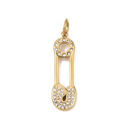 Chapado en Oro Real 18K 304 Colgantes del rhinestone del acero inoxidable, broches dijes, real 18 k chapado en oro, 28x8.5x2.5 mm, agujero: 6 mm