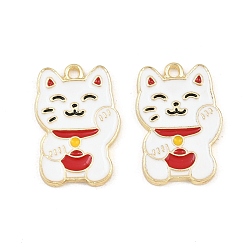Blanco Colgantes de la aleación del esmalte, amuletos maneki neko, dorado, blanco, 26x17x1.5 mm, agujero: 2 mm