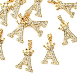Real 18K Gold Plated SHEGRACE Brass Micro Pave Clear Cubic Zirconia Pendants, Letter A with Crown Charms, Cadmium Free & Lead Free & Nickel Free, Real 18K Gold Plated, 22x16x2mm, Hole: 5x3mm