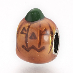 Dark Orange Alloy Enamel European Beads, Large Hole Beads, Pumpkin Jack-O'-Lantern, Halloween, Dark Orange, 13x9.5x10.5mm, Hole: 4.5mm