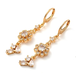 Clear Rack Plating Golden Brass Dangle Leverback Earrings, with Cubic Zirconia, Flower, Clear, 48x10.5mm