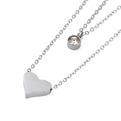 Stainless Steel Color Ion Plating(IP) 304 Stainless Steel Cable Necklaces, Heart & Flat Round with Rhinestone Pendant Necklaces for Women, Stainless Steel Color, 15.94 inch(40.5cm)