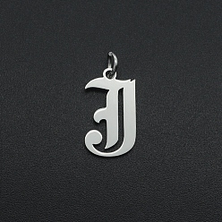 Letter J Не тускнеющие 304 подвески из нержавеющей стали, с целью перехода в кольце, старый английский, буквы, лазерная резка, цвет нержавеющей стали, letter.j, 16.5x9.5x1 мм, отверстие : 3 мм