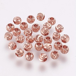 Rose Gold Brass Spacer Beads, Long-Lasting Plated, Corrugated Round, Rose Gold, 5x4mm, Hole: 2mm