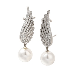 Платина Серьги-гвоздики из латуни с микропаве из прозрачного кубического циркония с покрытием из перьев, с пластмассовой жемчужиной abs, долговечный, без свинца и без кадмия, слева и справа, платина, 45.5x12 мм