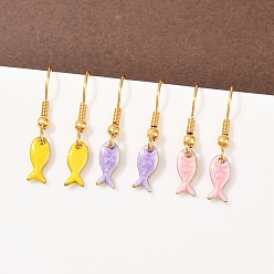 Fish Серия «Океан» 304 серьги-подвески из нержавеющей стали с эмалью, реальный 18 k позолоченный, рыба, 28x4.5 мм, 3 пар / набор