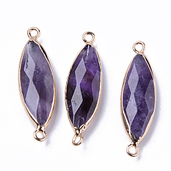 Amethyst Natural Amethyst Links Connectors, with Light Gold Plated Edge Iron Loops, Rice, Faceted, 34~35x10x5.5mm, Hole: 2mm