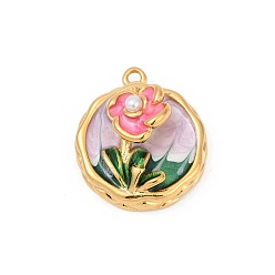 Цветок 304 нержавеющей стальной эмали подвески, с имитацией жемчуга ABS, ионное покрытие (ip), реальный 18 k позолоченный, плоско-круглые, цветок, 24x21x9 мм, отверстие : 1.8 мм