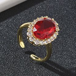 Красный Латунные микропаве кубические цирконии манжеты открытые кольца для женщин, овальные, со стеклом, долговечный, стойки покрытие, реальный 18 k позолоченный, красные, 17 мм