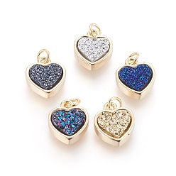Mixed Color Druzy Resin Pendants, with Brass Finding, Heart, Golden, Mixed Color, 14x12x4~6mm, Hole: 3mm
