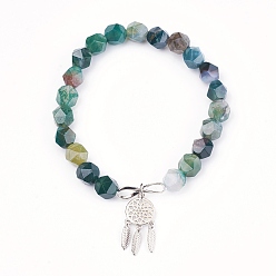 Moss Agate Natural Moss Agate Beads Charm Bracelets, with Brass Findings, Woven Net/Web with Feather, 2 inch(5.2cm), Pendant: 24x10.5x2mm