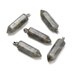 Labradorite Natural Labradorite Pendants, Hexagon Charms, with 304 Stainless Steel Snap on Bails, Stainless Steel Color, 49~51x13~14x15~16mm, Hole: 7.5x4mm